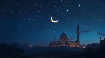 Fototapeta premium Majestic Mosque Under Starry Night Crescent Moon