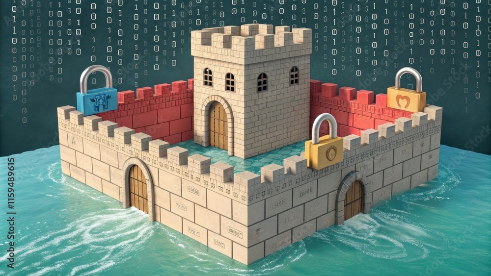 Poster conceptual image of a fortress being protected by padlocks, resisting cyber attacks represented by a
