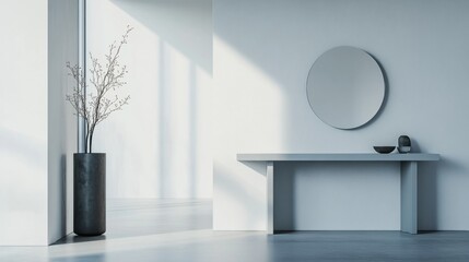 Elegant minimalist entryway with minimal decor. Featuring clean lines and a welcoming design