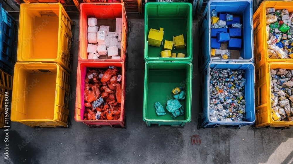 Poster an overhead view of a materials sorting station with vibrant colored bins labeled for different recy