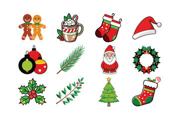 Merry Christmas Vector Colored Elements for Graphic Design, Festive Holiday Artwork.