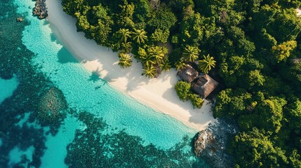 Aerial view of a tropical beach with clear turquoise water, soft white sand, and lush green vegetation surrounding the shoreline.