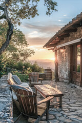 Obraz premium A stone patio with a wooden table and chairs, and a couch. The sun is setting, casting a warm glow on the scene.