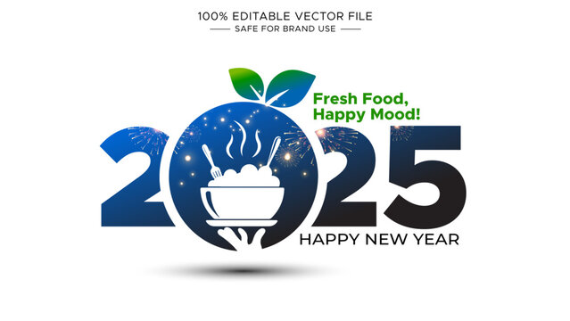 Happy New Year 2025 post with restaurant waiter cooking, serving hot fresh food symbol, sign theme and logo creative concept design.
