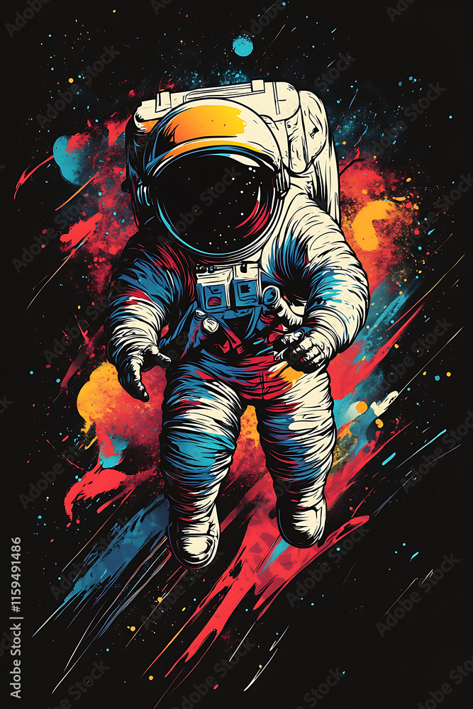 Poster an astronaut floats through a vibrant cosmic background of colors and abstract shapes.