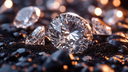 Fototapeta premium Sparkling Diamonds on Black Background Illustrating Luxury and Elegance