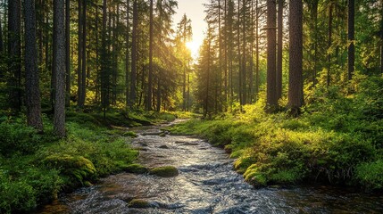Obraz premium A serene forest scene with a gentle stream flowing through lush greenery, illuminated by warm sunlight filtering through tall trees.