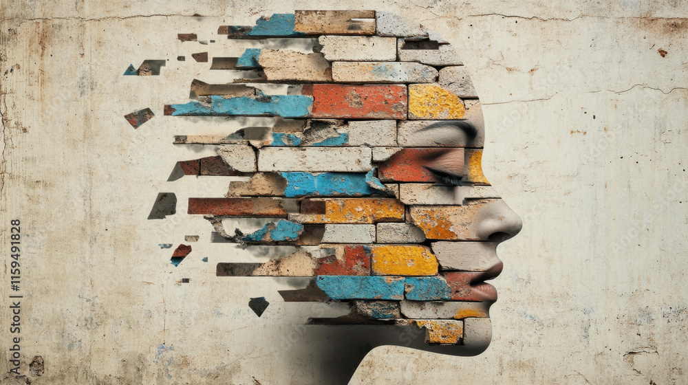 Poster dissociative identity disorder (did), a digital image depicting a face blending into the background,
