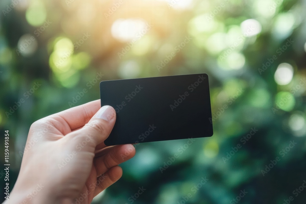 Poster Hand holding a sleek black gift card in a lush outdoor setting with copy space available for personalized text. Generative AI