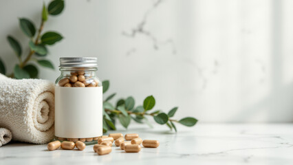 Magnesium supplement bottles with their contents spilled out on a countertop next to a rolled white towel.