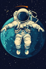 An astronaut floats in space above a stylized Earth, depicting exploration and adventure.