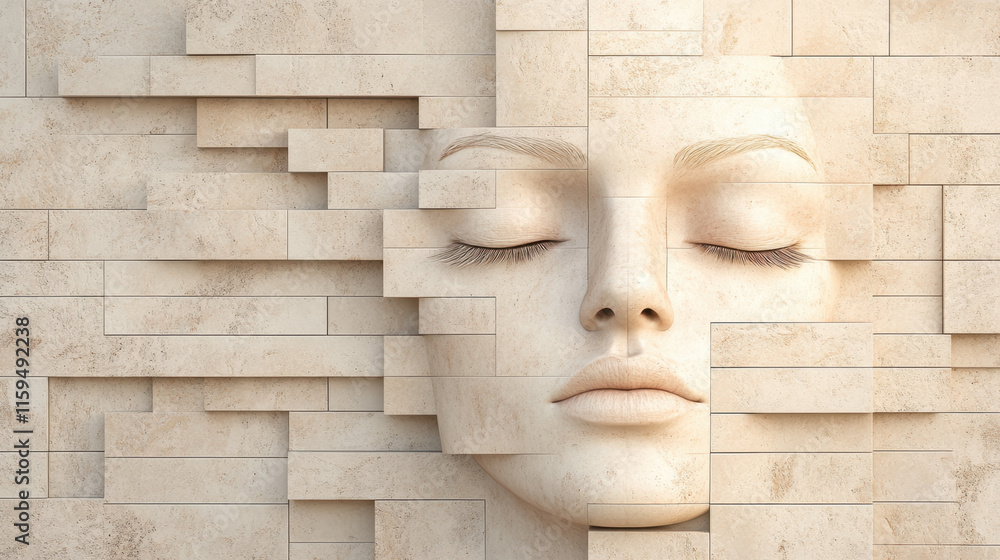 Poster dissociative identity disorder (did), a surreal image of a face disassembling like a puzzle, showcas