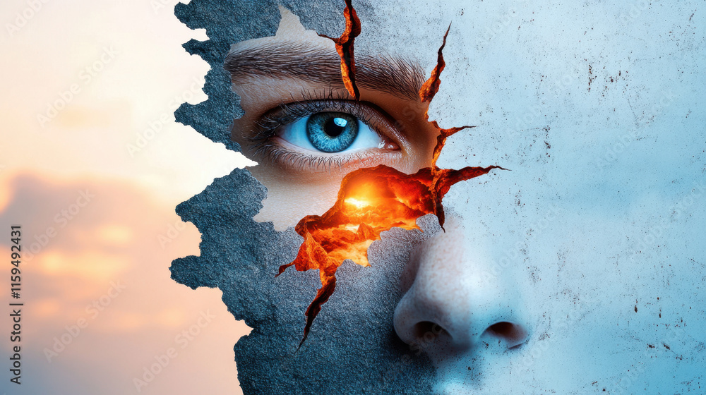 Poster dissociative identity disorder (did), a visually striking image of a face fragmented like a puzzle, 