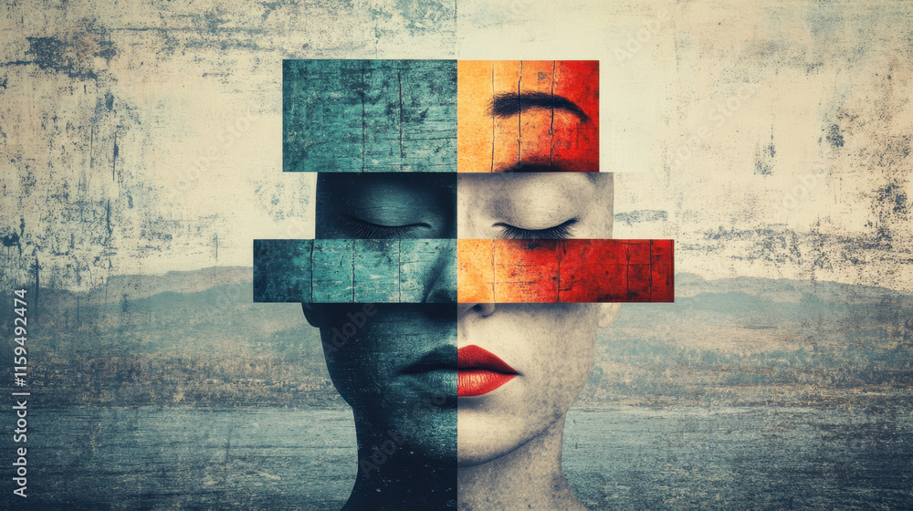 Poster dissociative identity disorder (did), a surreal image of a face disassembling like a puzzle, reveali