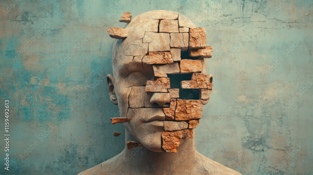 Poster dissociative identity disorder (did), a digital image depicting a figure disintegrating into fragmen
