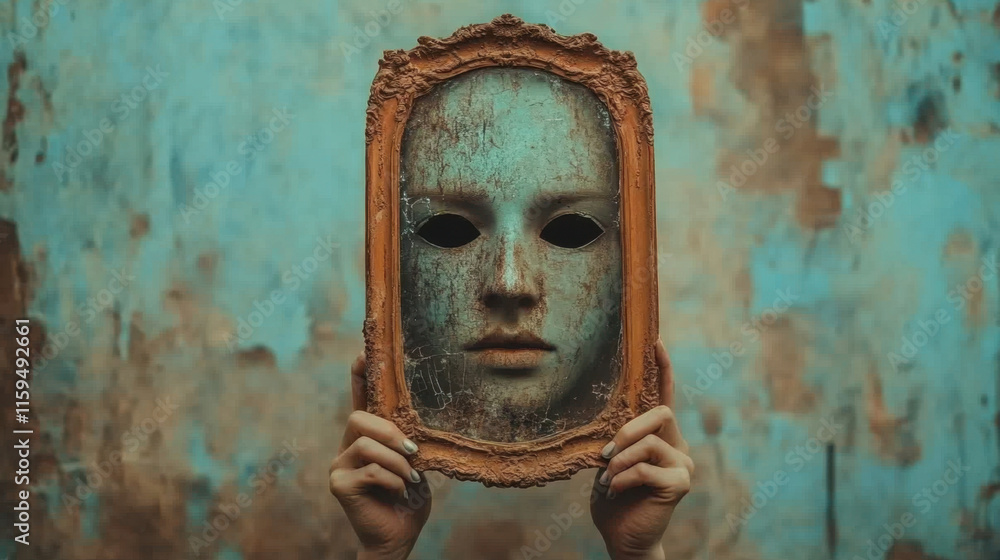 Poster dissociative identity disorder (did), a figure holds a cracked pastel mirror, creating a unique visu