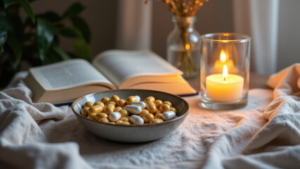 A cozy scene with a bowl of magnesium capsules by a candlelit book, perfect for relaxation or bedtime routine.