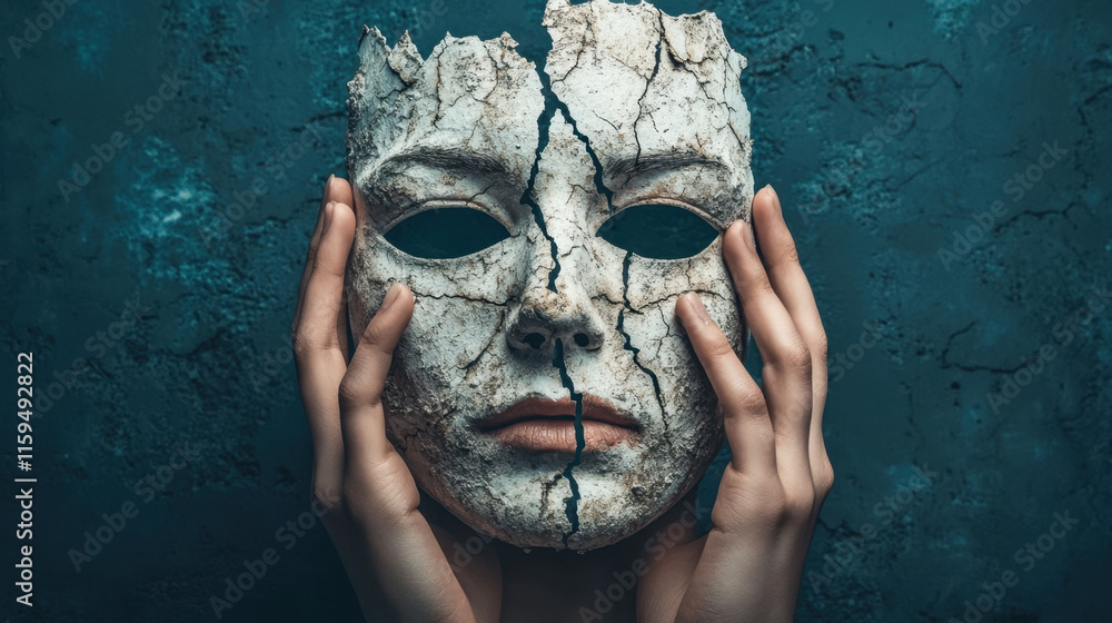 Poster dissociative identity disorder (did), a figure holds a mask of their own face, symbolizing identity 