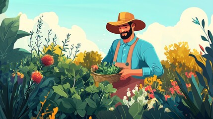 A smiling farmer gathers fresh produce in a vibrant garden under a sunny sky.