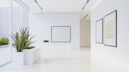 Elegant minimalist gallery space with minimal decor. Featuring a clean, open design with modern lines