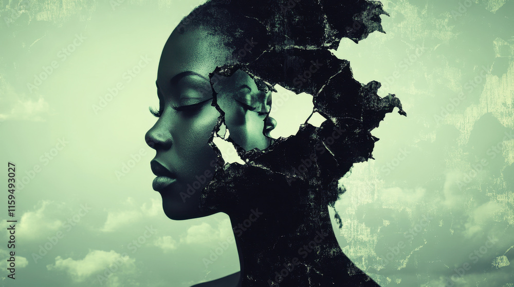 Poster dissociative identity disorder (did), a reflective figure gazes into a cracked mirror, capturing the