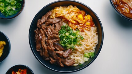 A delightful top-down view of a bowl of beef noodles featuring tender strips of beef, green onions, and savory sauces. The colorful arrangement creates an enticing dish perfect for a meal.