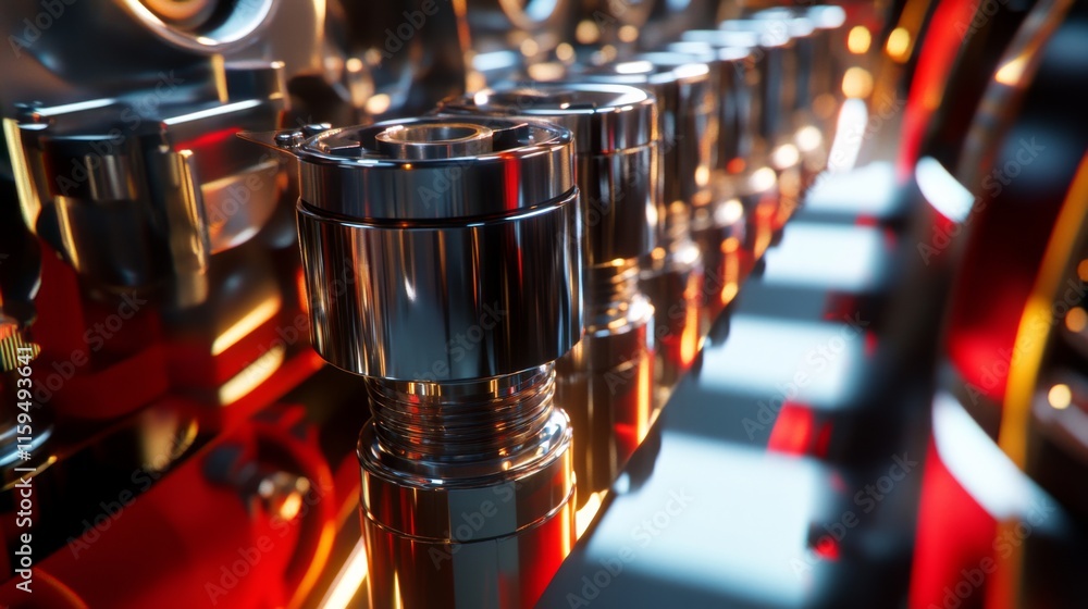 Poster close-up of mechanic engine components with gleaming metal surfaces, detailed arrangement of engine 