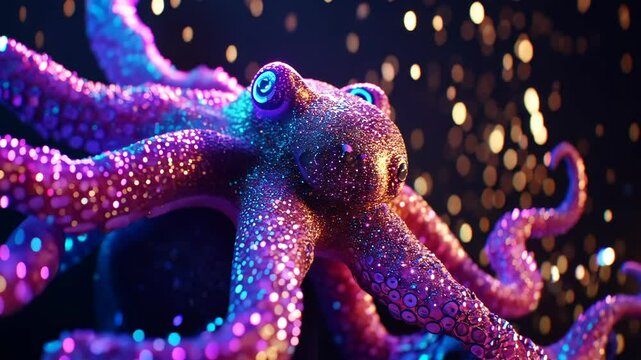 Colorful octopus displays vibrant patterns in deep sea environment with sparkling light effects