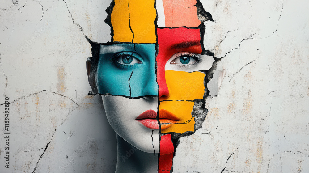 Poster dissociative identity disorder (did), this image features a fragmented face adorned in multiple past