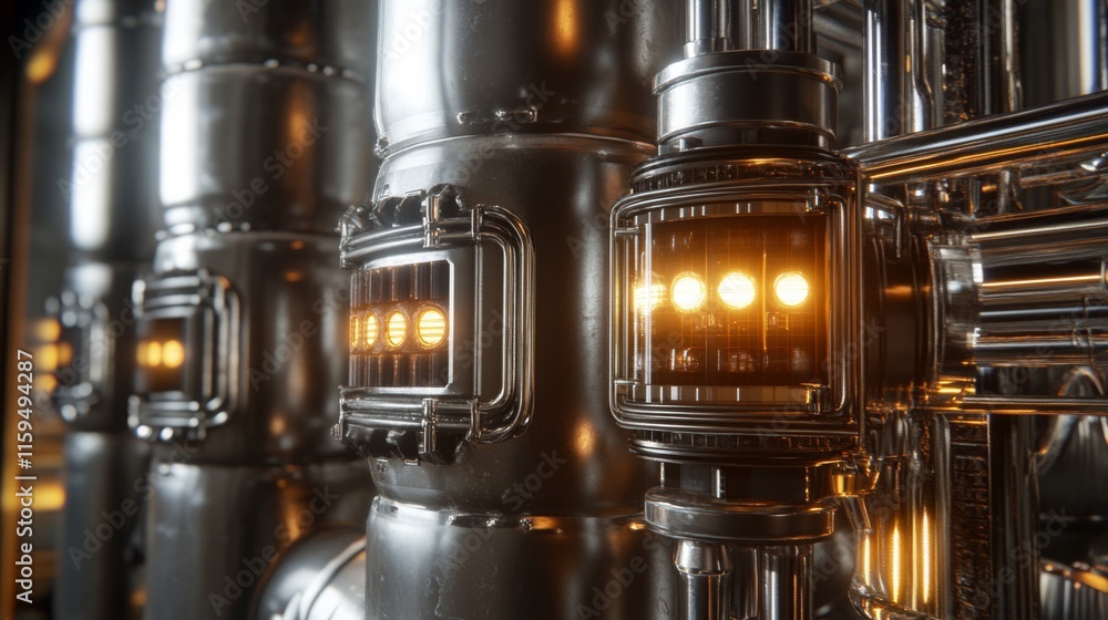 Poster close-up view of industrial machinery with illuminated controls and metallic pipes in a modern machi
