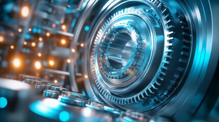 Fototapeta premium Close-Up View of High-Tech Mechanical Gear System with Bright Blue Lighting and Detailed Metallic Surfaces for Industrial and Technological Backgrounds