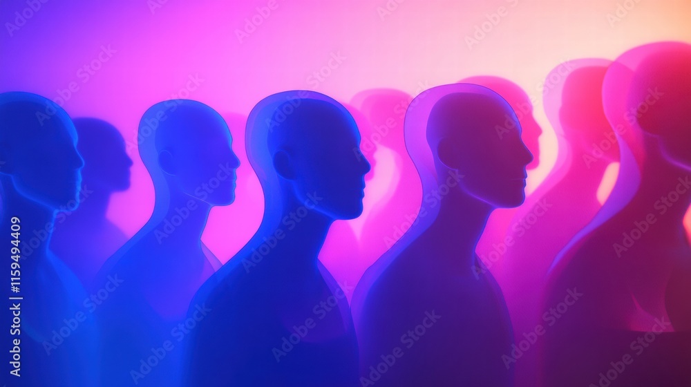 Poster abstract faceless avatars lined up against a colorful gradient background in a creative mockup setti