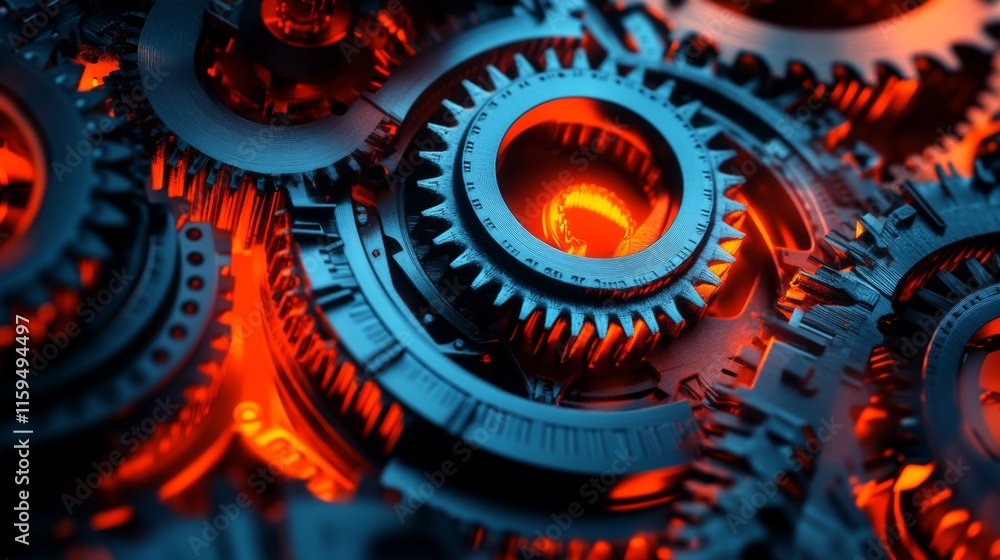 Poster close-up view of interlocking gears with glowing red highlights in a mechanical system, symbolizing 