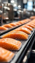 A photograph of salmon fillets on the production line in an industrial fish factory