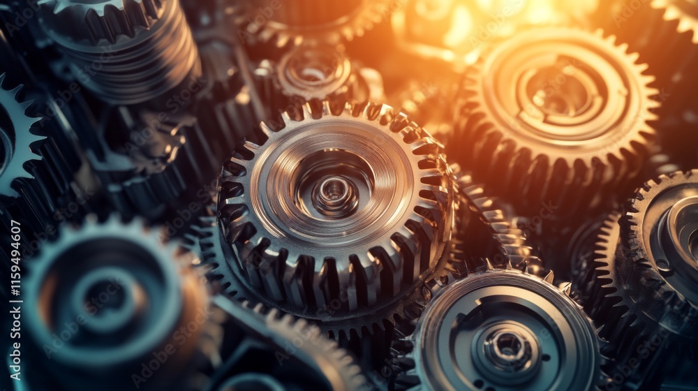 Poster close-up view of interlocking metallic gears in a mechanism, detailed texture and reflections, symbo