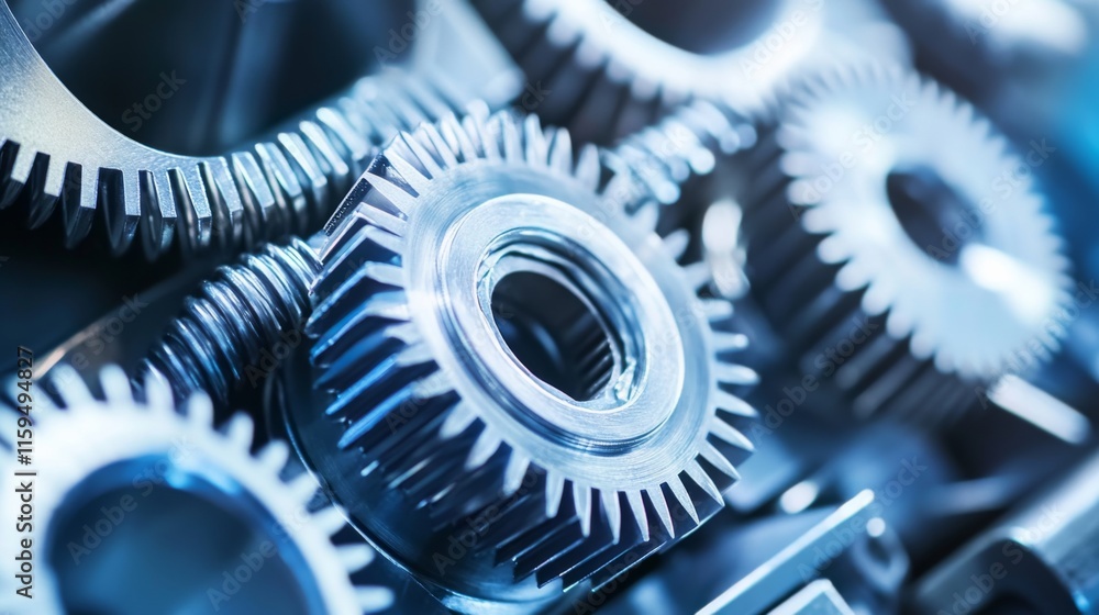 Poster close-up view of metallic gears and cogs highlighting precision engineering in a complex mechanical 