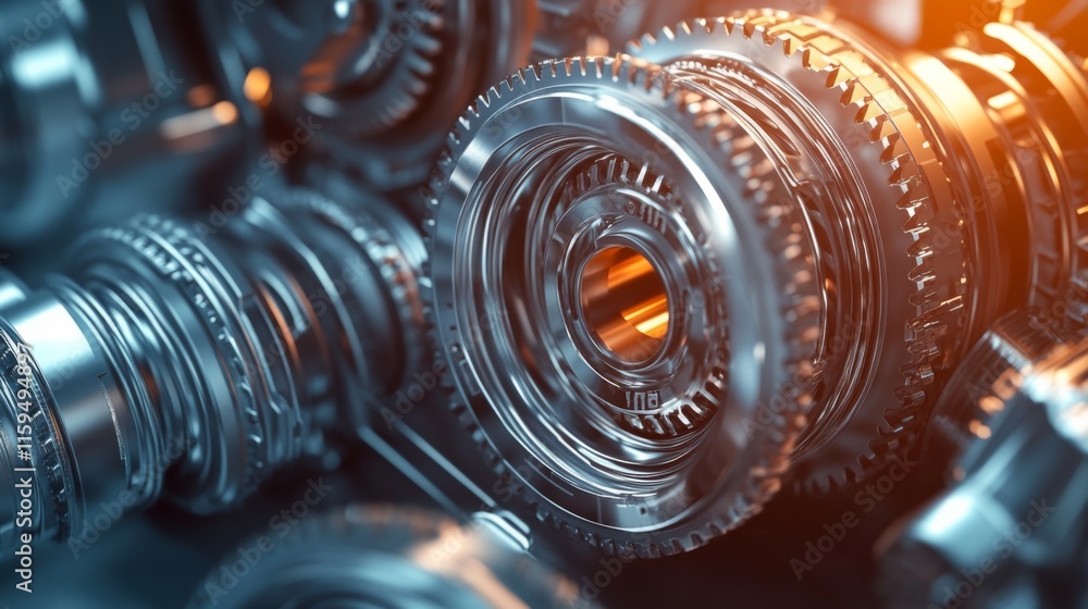 Poster close-up view of metallic gears with intricate details and reflections, showcasing the complexity an