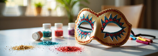 Decorated Purim mask with crafting supplies on a sunny table