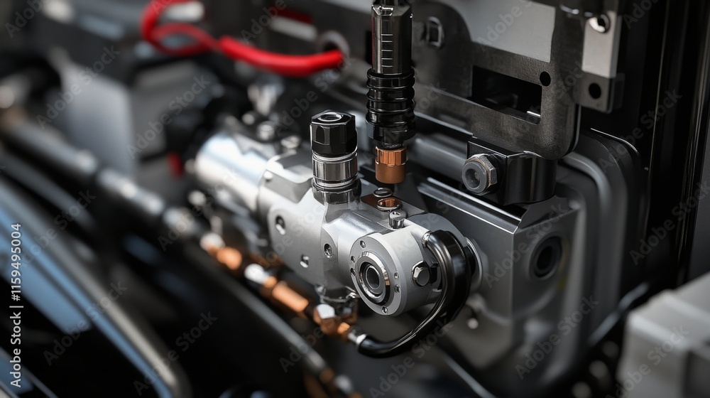 Poster close-up view of precision engine components featuring high-quality mechanical parts, sophisticated 