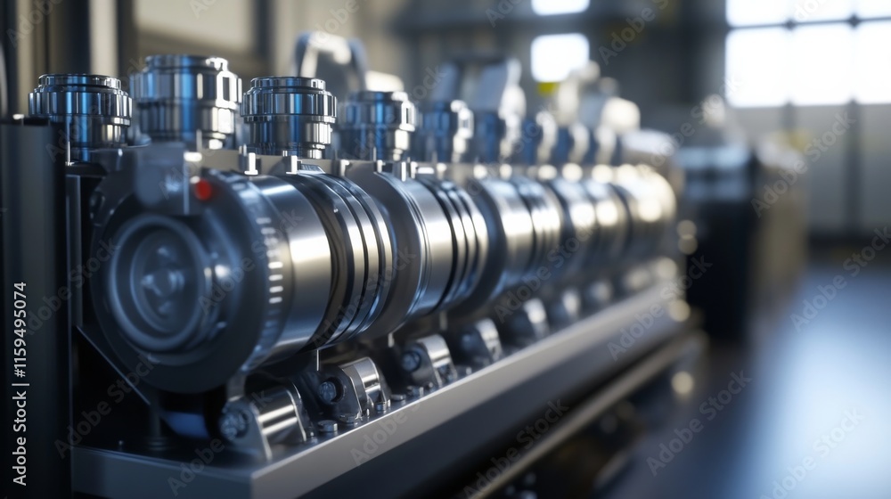 Poster close-up view of precision machinery components in a modern industrial setting highlighting the intr