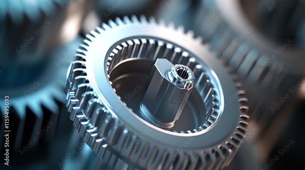 Poster close-up view of precision metal gears with intricate detailing and smooth textures representing mec