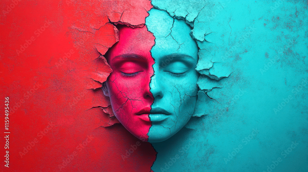 Poster dissociative identity disorder (did), a split-image of a person detailed down the center, offering a