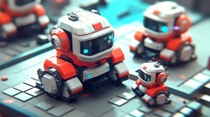 Obraz premium Cute and Colorful Cartoon Robots Engaging in Playful Interaction on a Futuristic City Block, Showcasing Technology and Friendship Among Robots