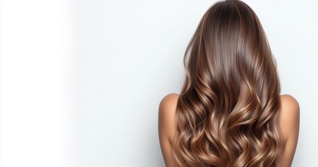 Gorgeous long hair with soft waves drapes down the back, highlighting the smooth texture and shine. The seamless white background enhances the elegance and beauty of the hairstyle.