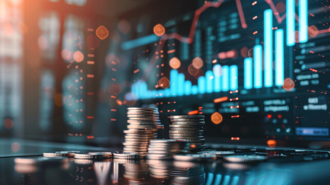 Stacked coins with digital financial graphs and data visualization