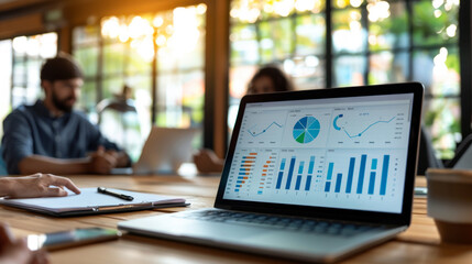 Laptop showing analytics dashboard on a wooden office table