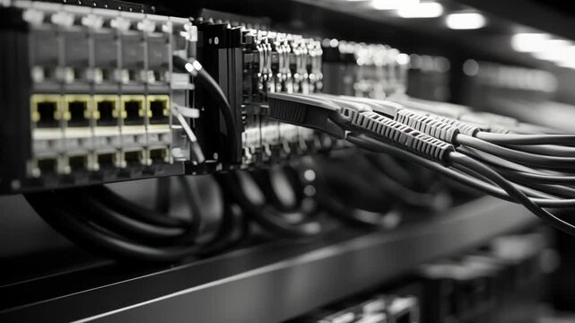 A crisp detail of data cables being plugged into a mainframe with emphasis on the tactile connection between hardware and data sources.