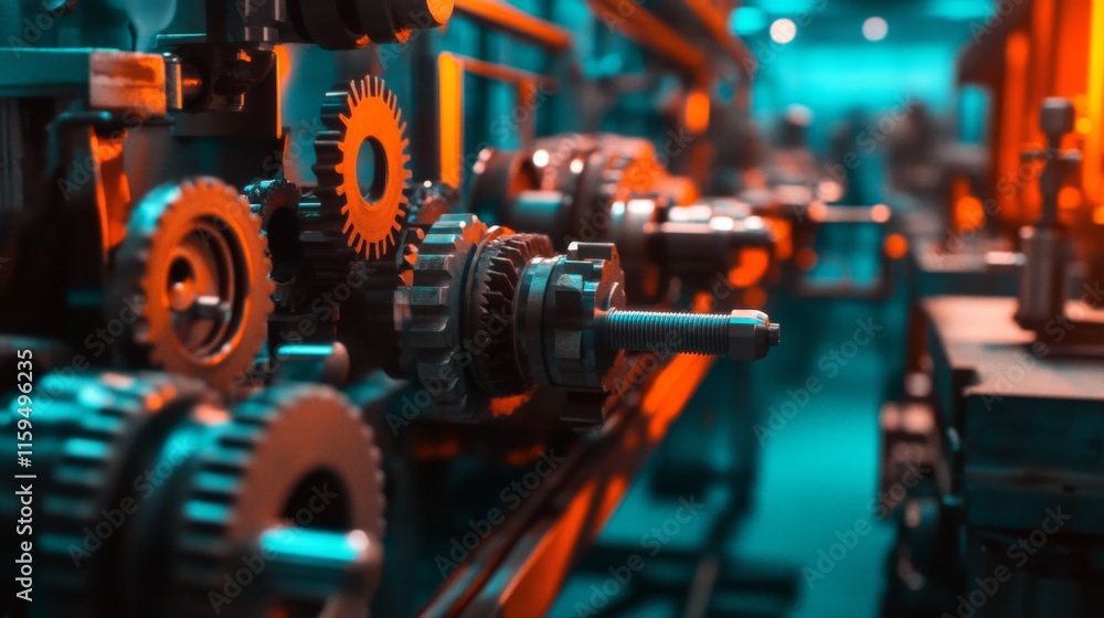 Aufkleber detailed close-up of industrial gears and machinery in a factory setting with vibrant lighting and d