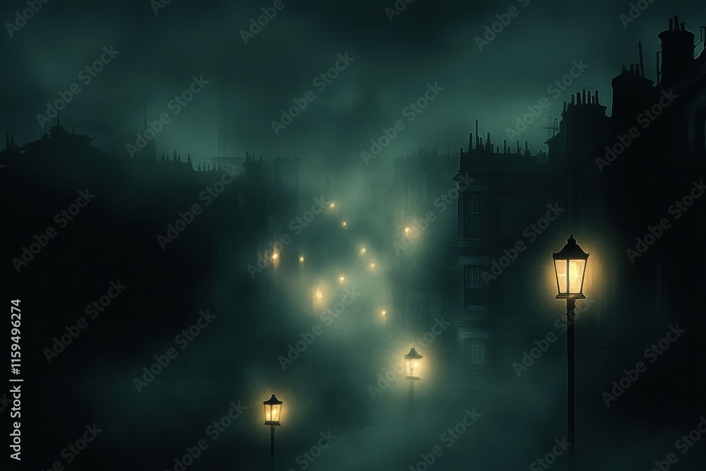 Poster dark urban landscape with a few glowing windows amidst a foggy atmosphere. generative ai