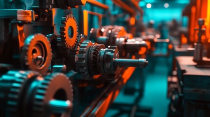Detailed Close-Up of Industrial Gears and Machinery in a Factory Setting with Vibrant Lighting and Depth of Field Focus on Mechanical Components